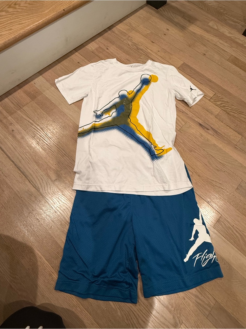 Jordan White Tee with Yellow and Blue Jumpman + Blue Shorts